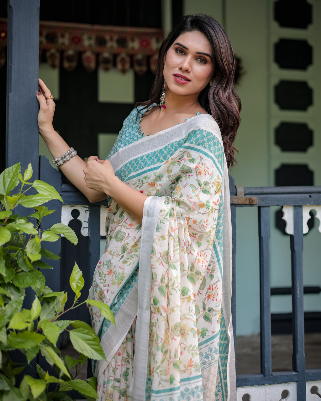 Ivory Floral Printed Saree with Sage Green Border