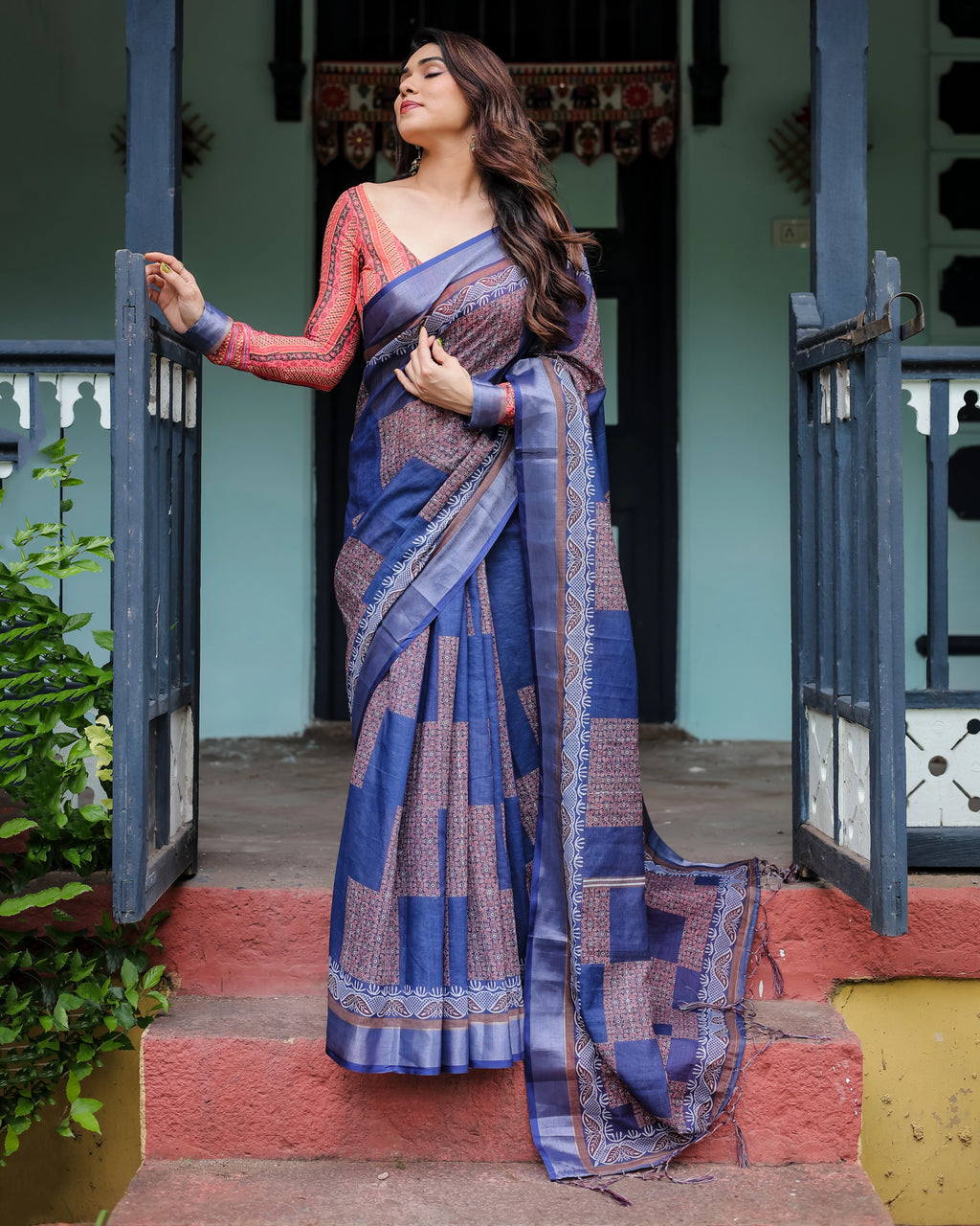 Linen Cotton Saree | Blue Batik Print with Contrast Blouse