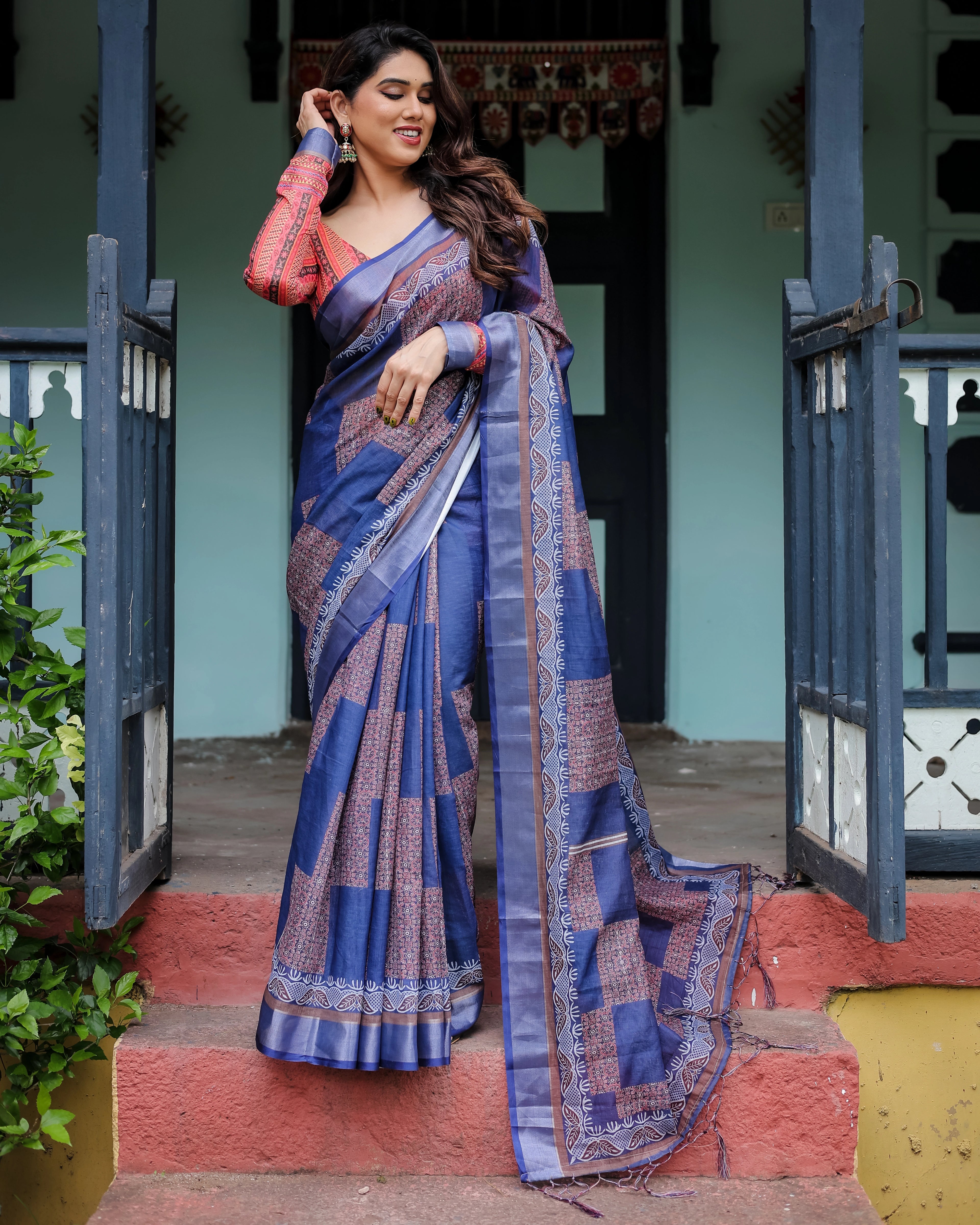Linen Cotton Saree | Blue Batik Print with Contrast Blouse