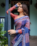 Blue Linen Cotton Batik Print Saree GG-722 with Contrast Blouse Piece