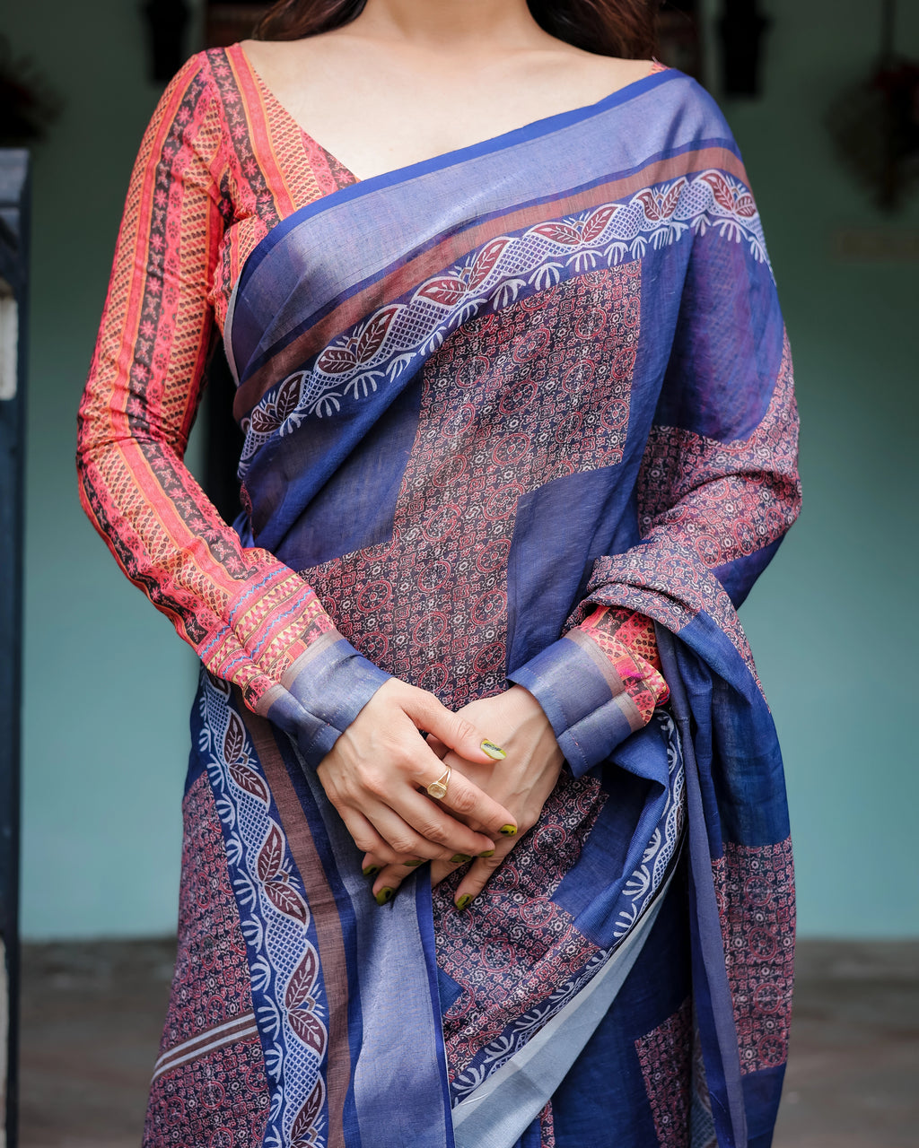 Linen Cotton Saree | Blue Batik Print with Contrast Blouse