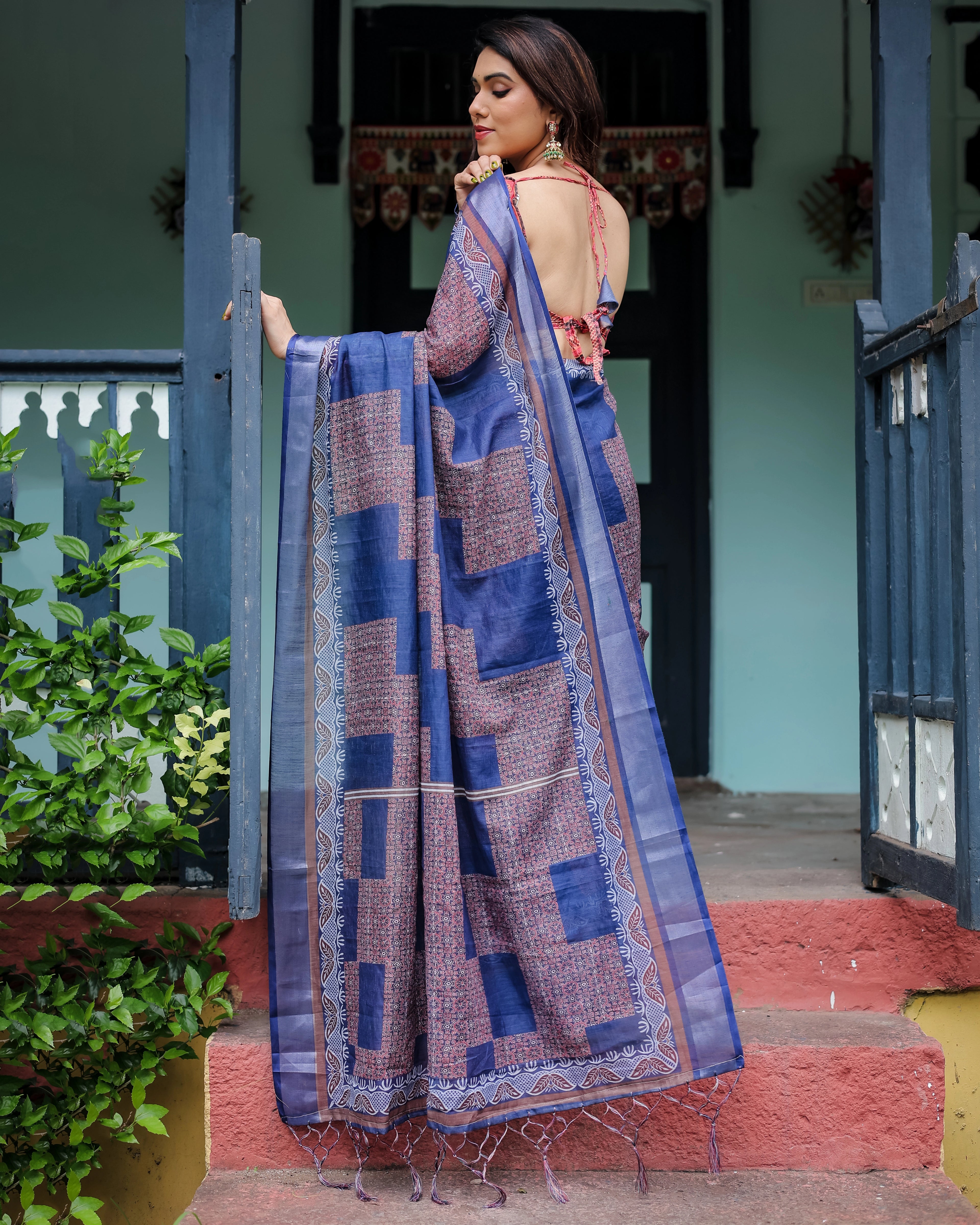 Linen Cotton Saree | Blue Batik Print with Contrast Blouse