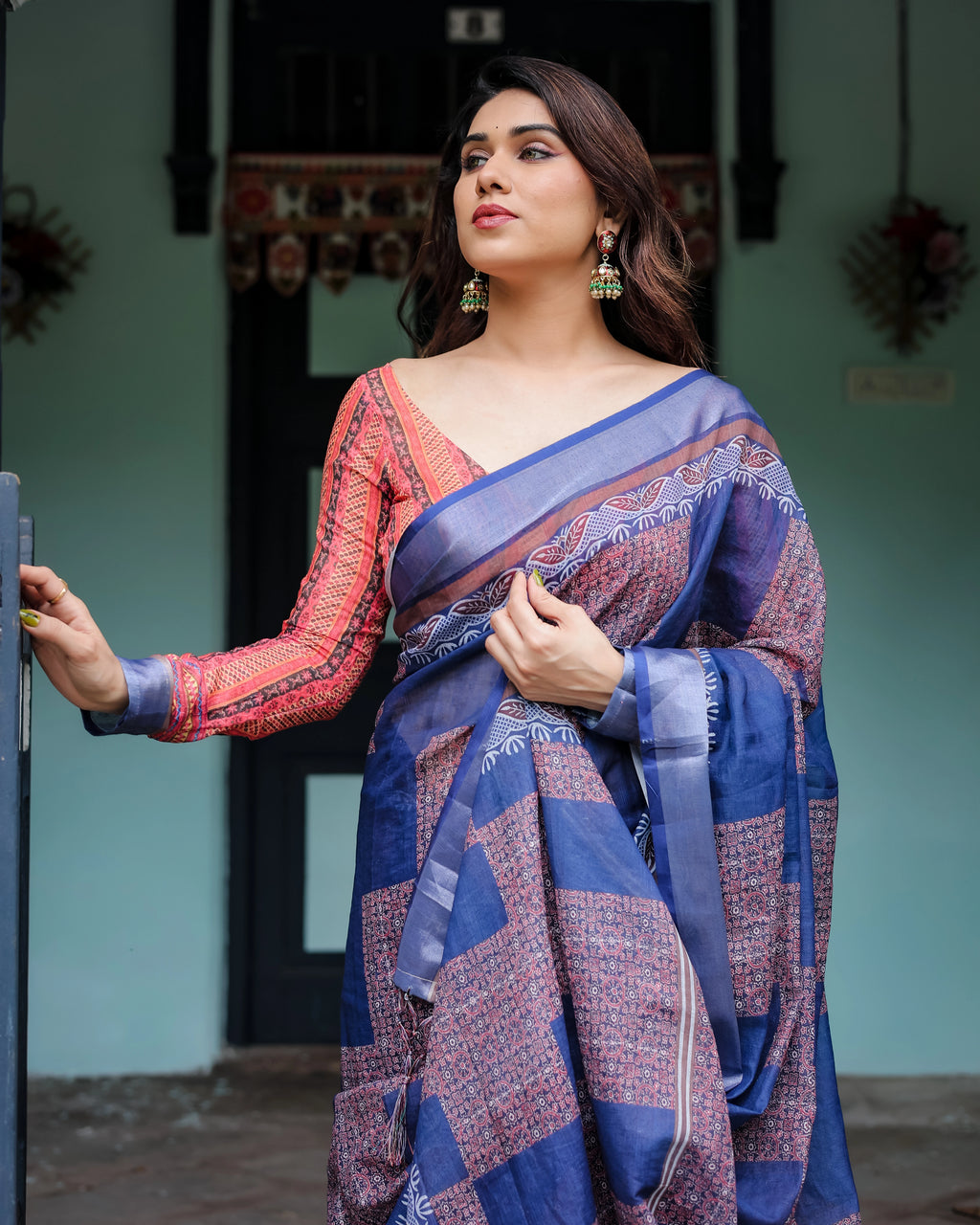 Linen Cotton Saree | Blue Batik Print with Contrast Blouse