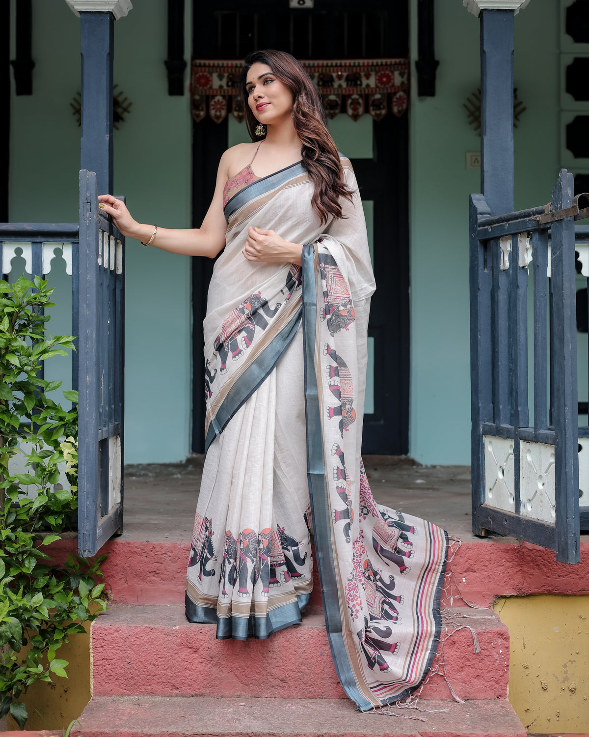Elephant Print Linen Saree with Steel Blue Border | Unstitched Blouse