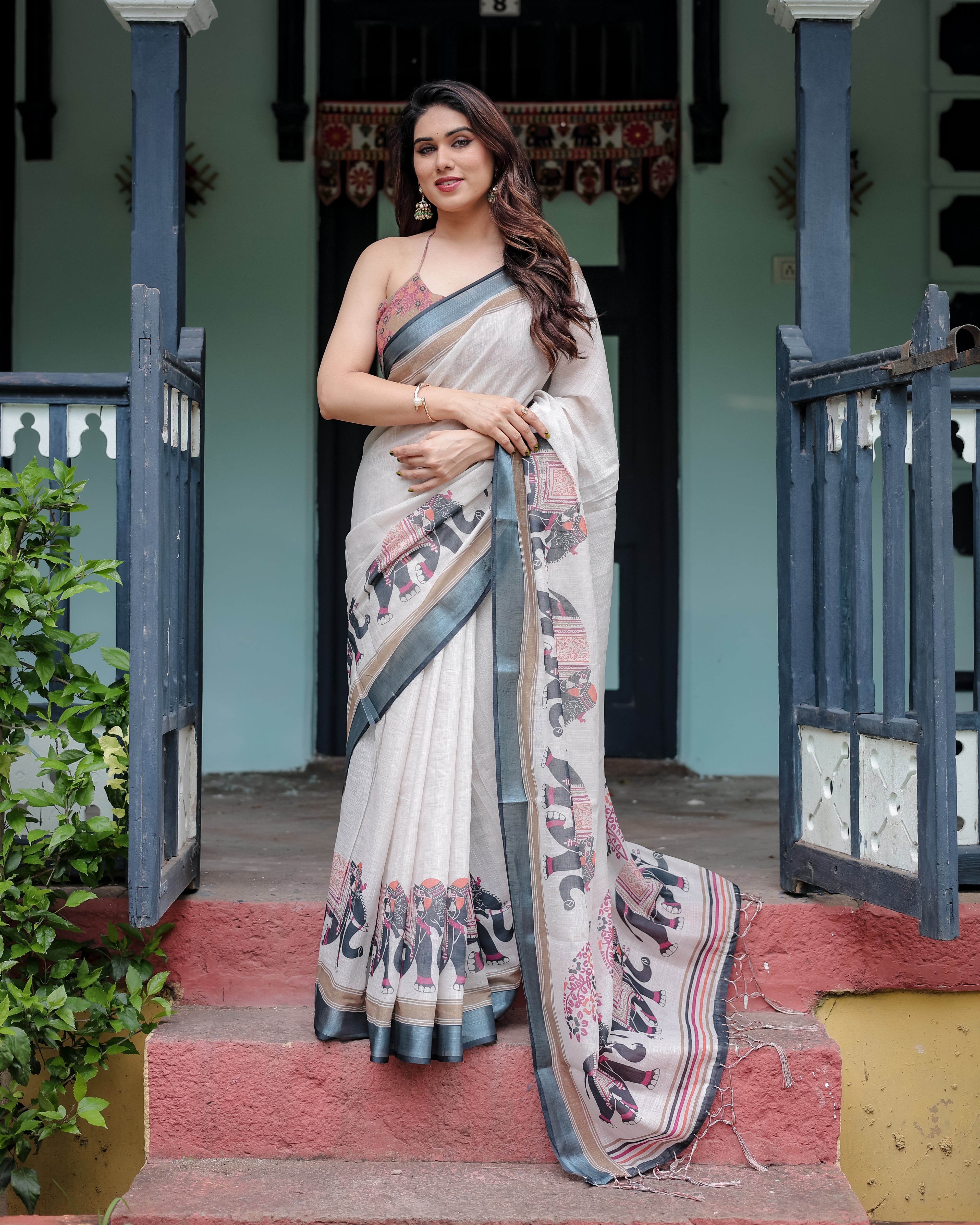 Elephant Print Linen Saree with Steel Blue Border | Unstitched Blouse