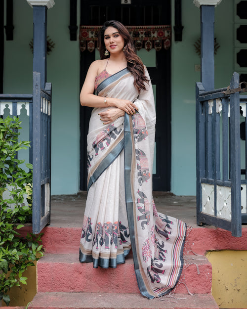 Elephant Print Linen Saree with Steel Blue Border | Unstitched Blouse