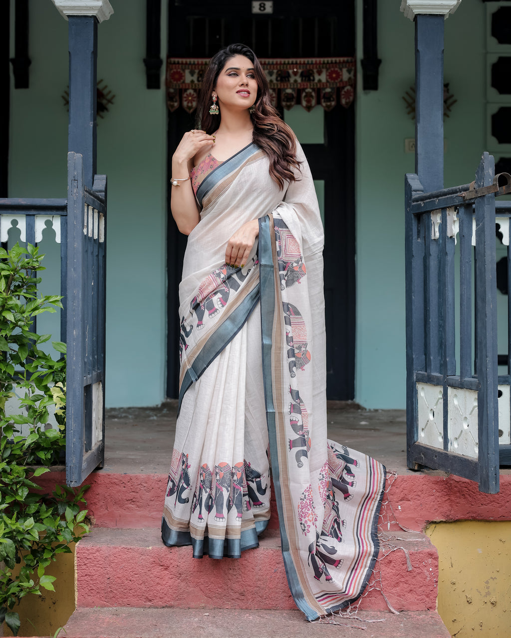 Elephant Print Linen Saree with Steel Blue Border | Unstitched Blouse