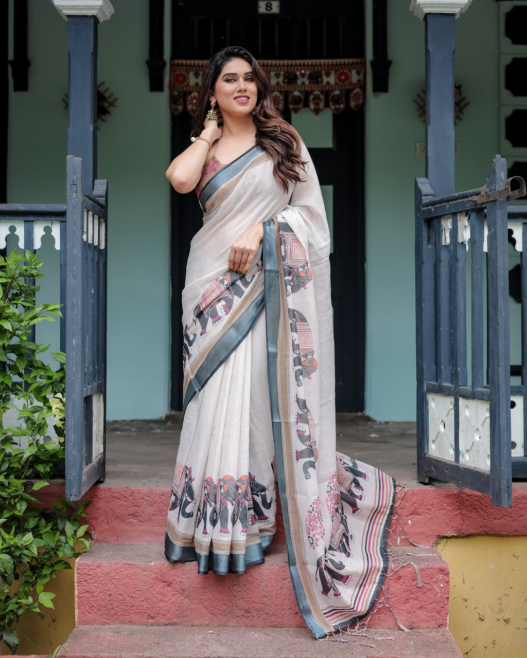 Elephant Print Linen Saree with Steel Blue Border | Unstitched Blouse