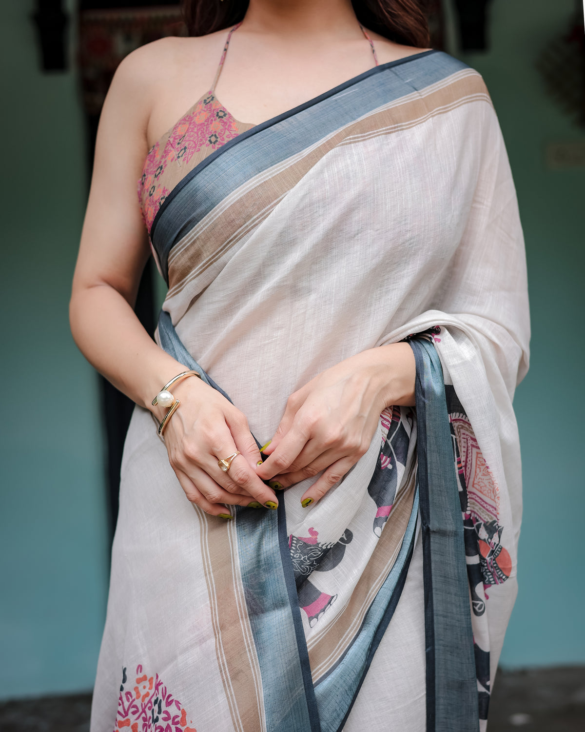 Elephant Print Linen Saree with Steel Blue Border | Unstitched Blouse