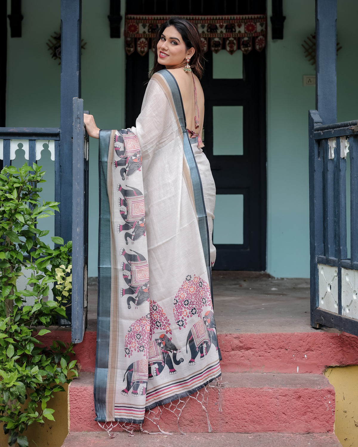 Elephant Print Linen Saree with Steel Blue Border | Unstitched Blouse