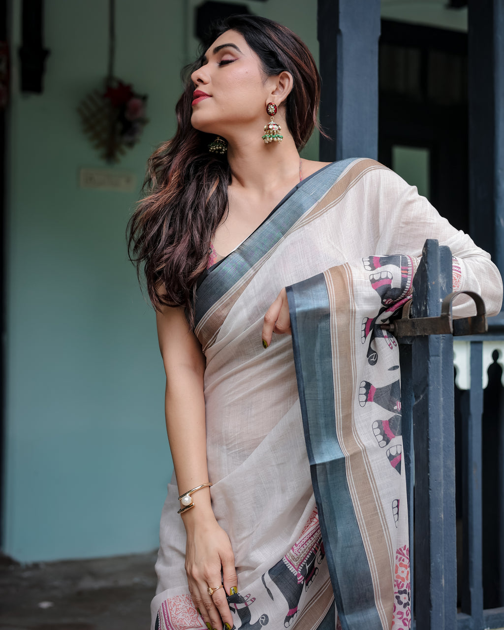 Elephant Print Linen Saree with Steel Blue Border | Unstitched Blouse