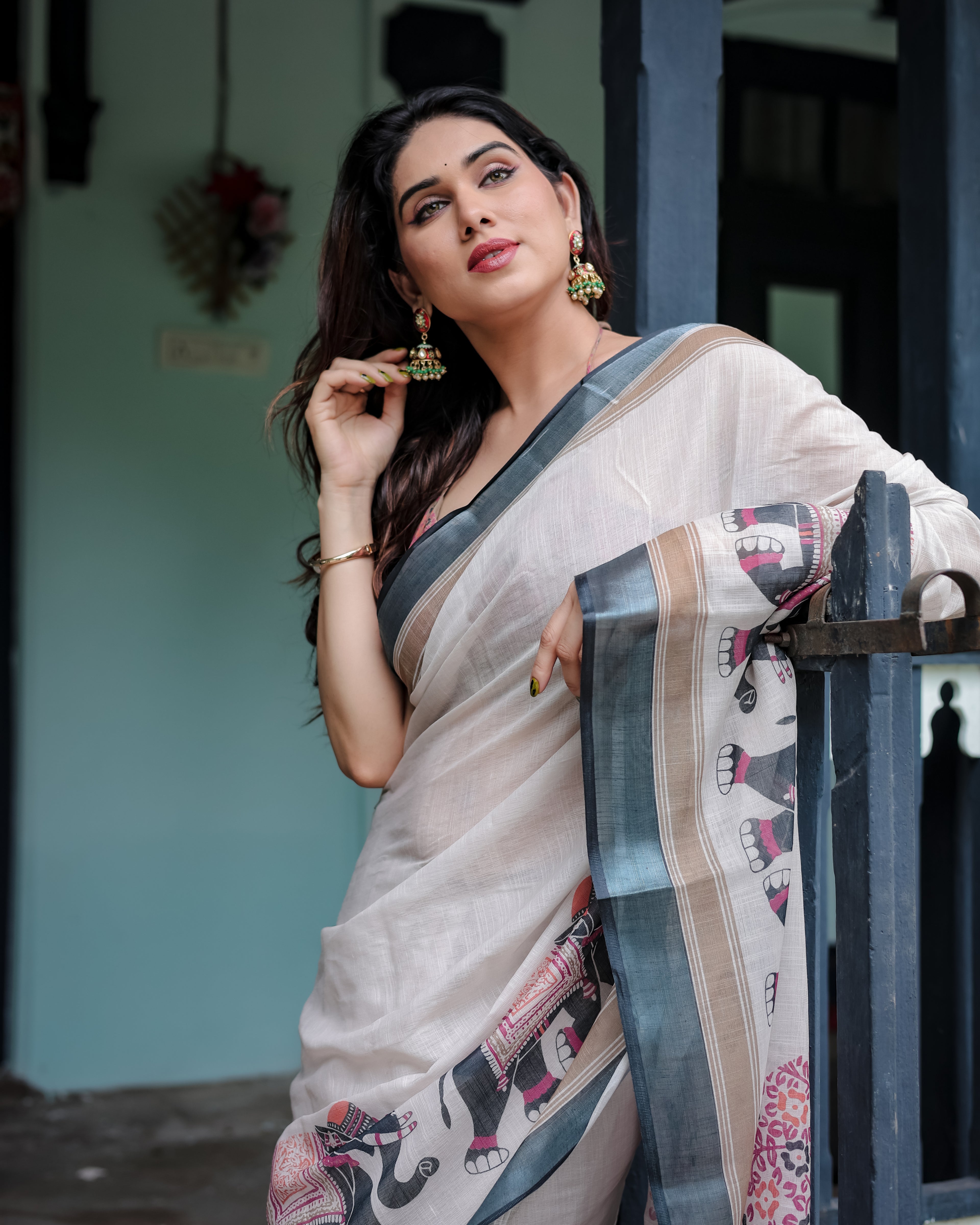 Elephant Print Linen Saree with Steel Blue Border | Unstitched Blouse