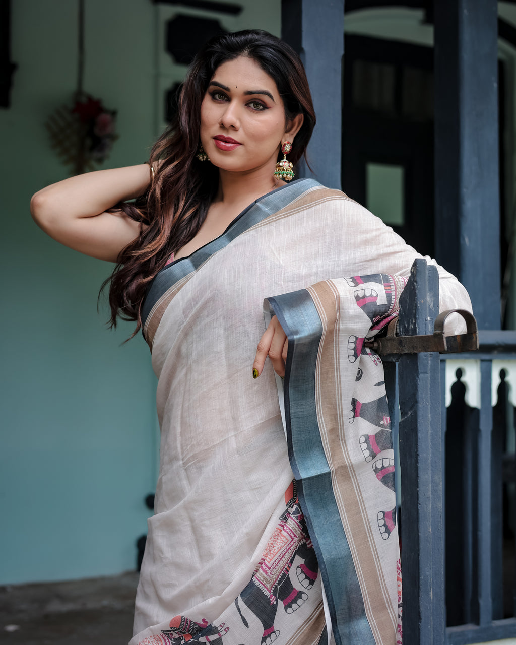 Elephant Print Linen Saree with Steel Blue Border | Unstitched Blouse