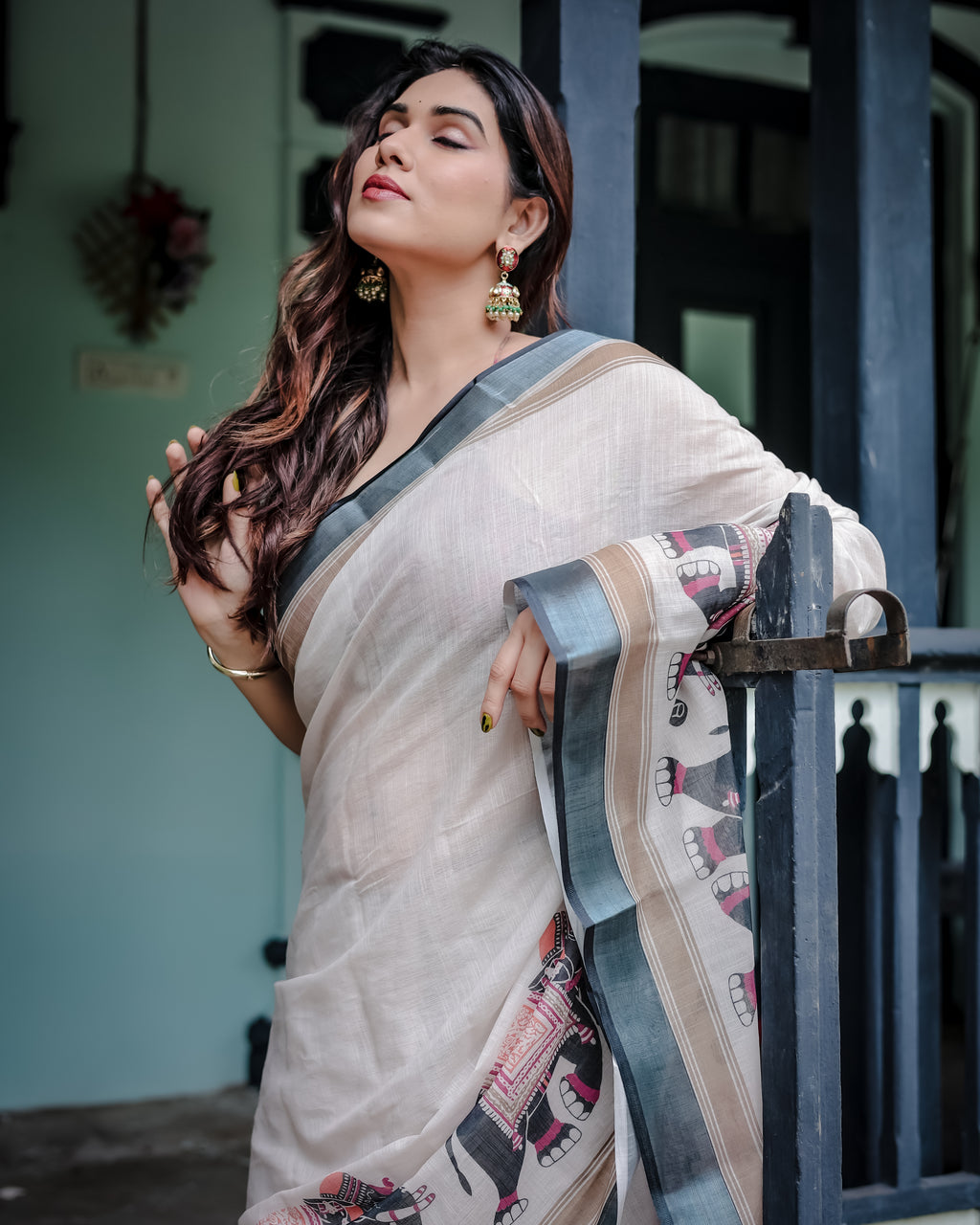 Elephant Print Linen Saree with Steel Blue Border | Unstitched Blouse