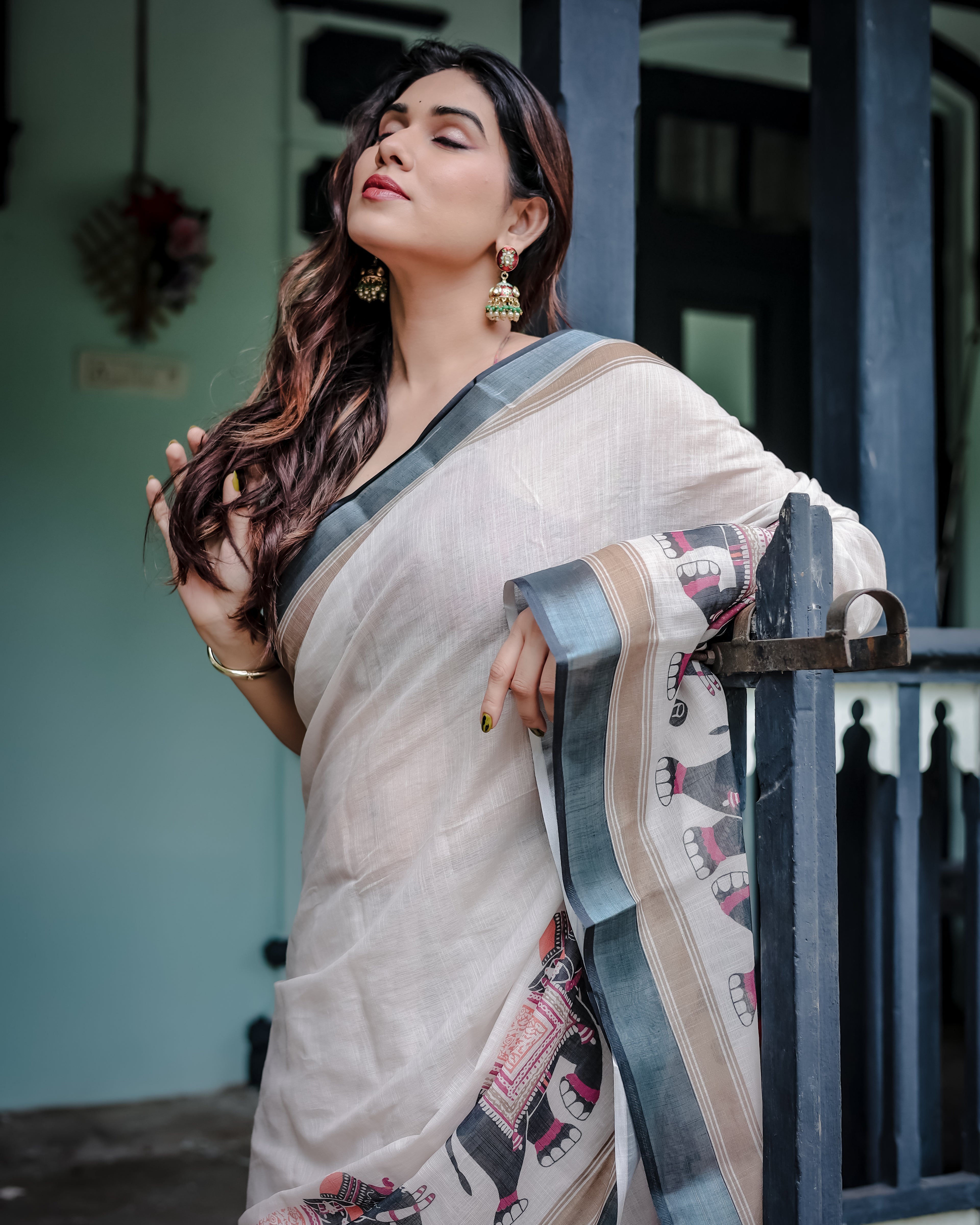 Elephant Print Linen Saree with Steel Blue Border | Unstitched Blouse