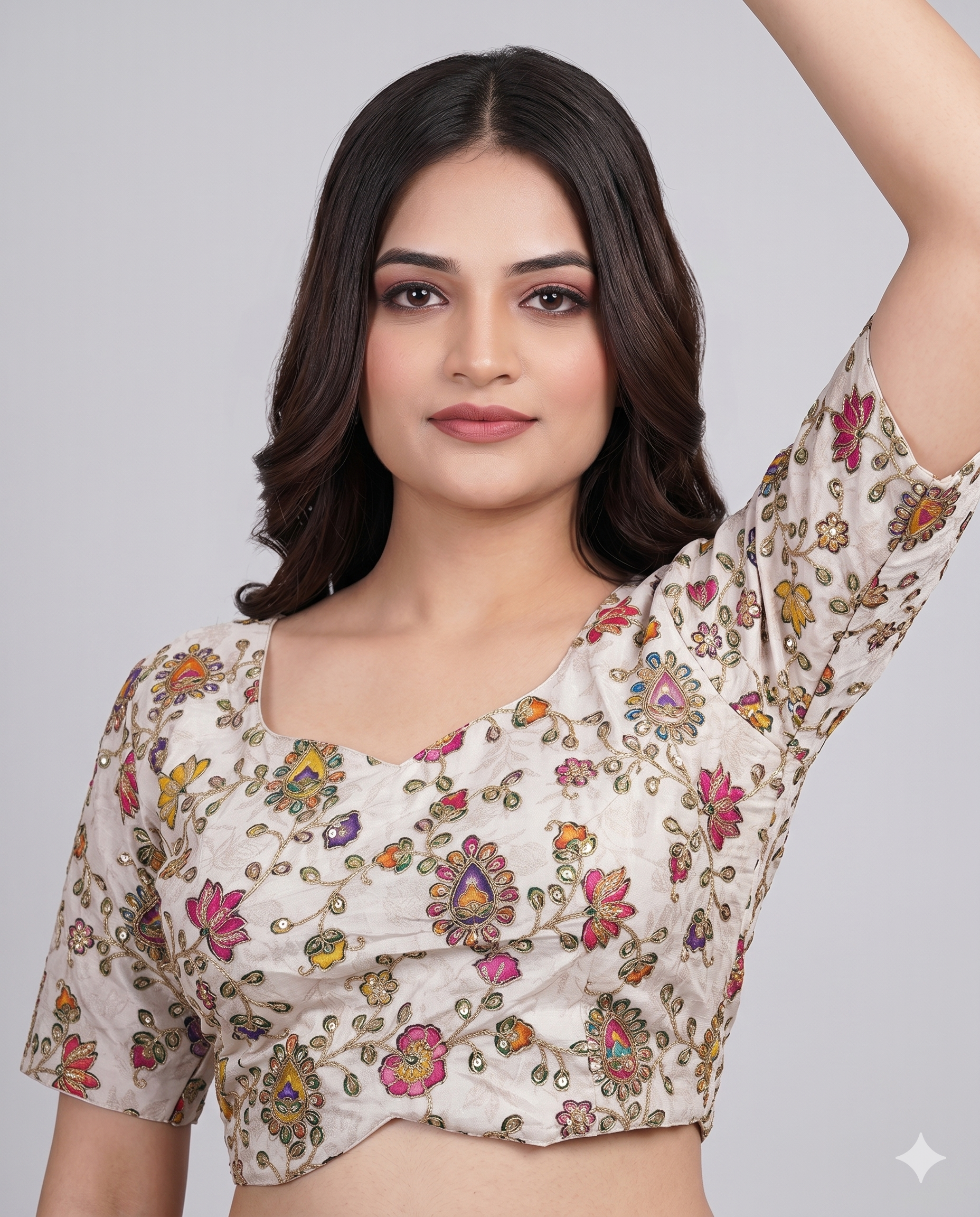 Cream Multicolour Embroidered Saree Blouse with Back