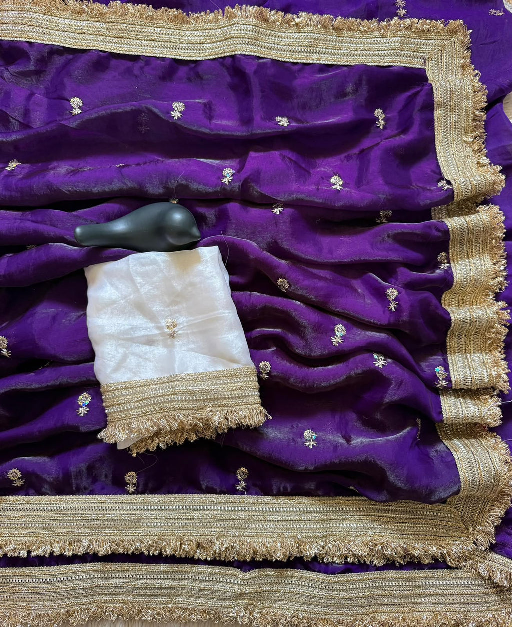 Satin Silk Embroidery Butti Saree with Fancy Gold Lace Border(blue)