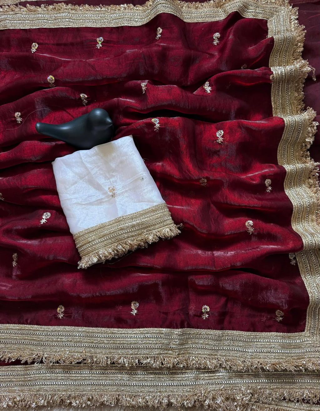 Satin Silk Embroidery Butti Saree with Fancy Gold Lace Border(maroon)