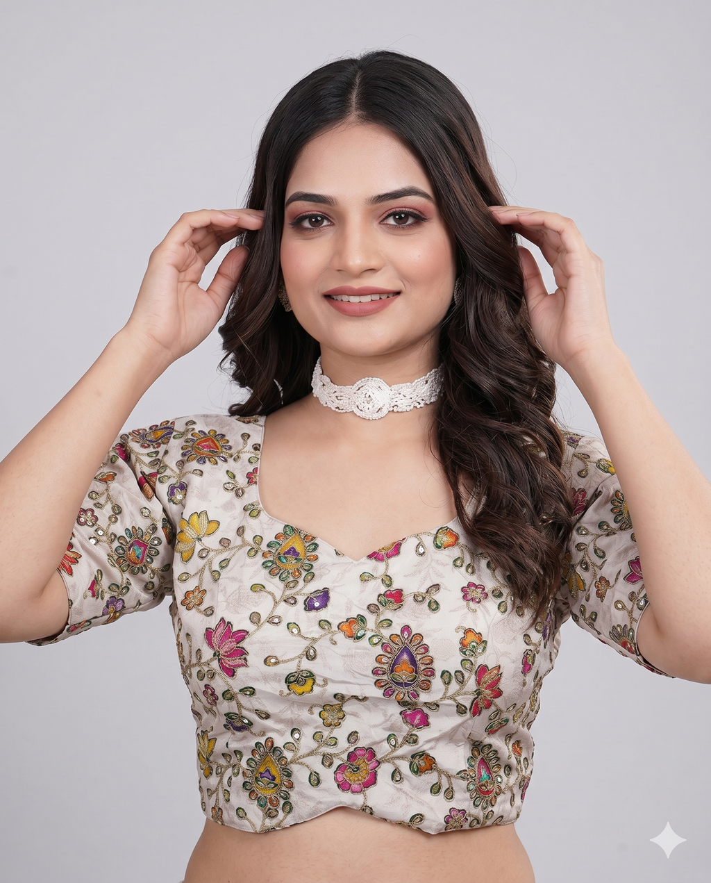 Cream Multicolour Embroidered Saree Blouse with Back