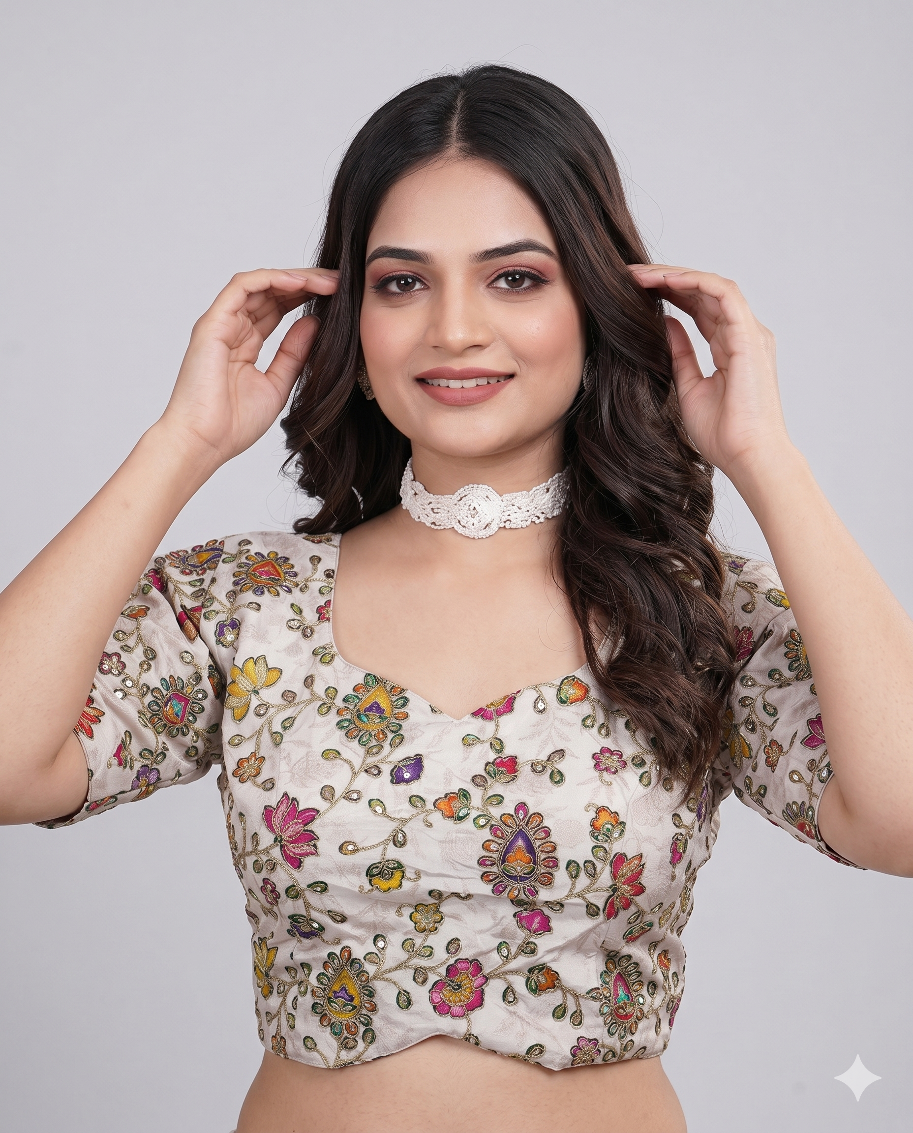 Cream Multicolour Embroidered Saree Blouse with Back