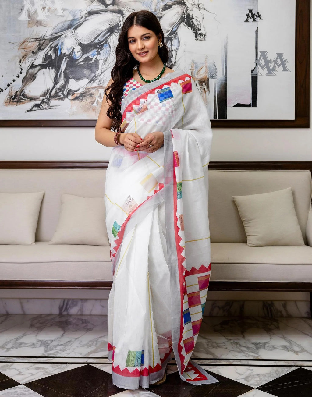 White Multicolour Digital Print Linen Saree with Unstitched Blouse Piece
