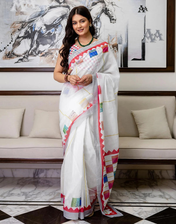 White Multicolour Digital Print Linen Saree with Unstitched Blouse Piece