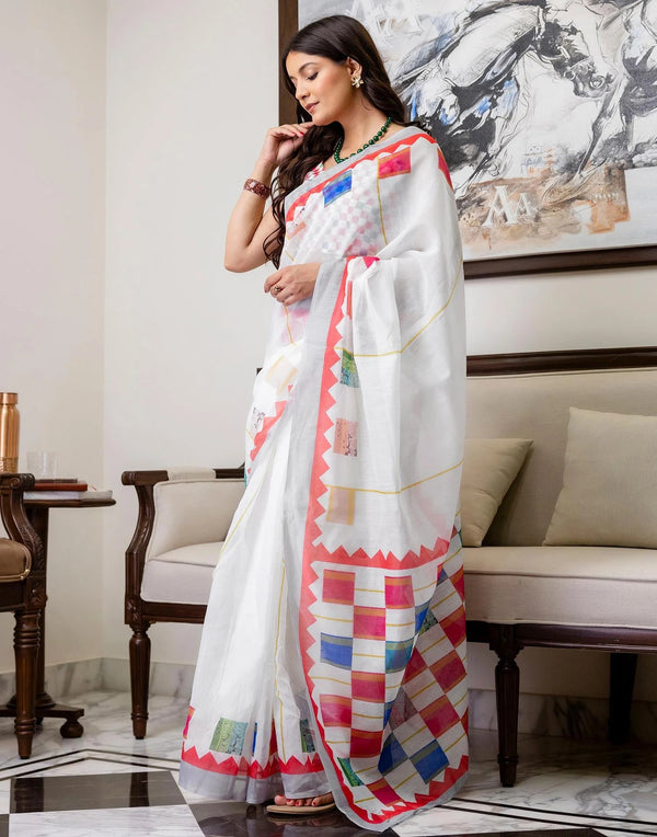 White Multicolour Digital Print Linen Saree with Unstitched Blouse Piece