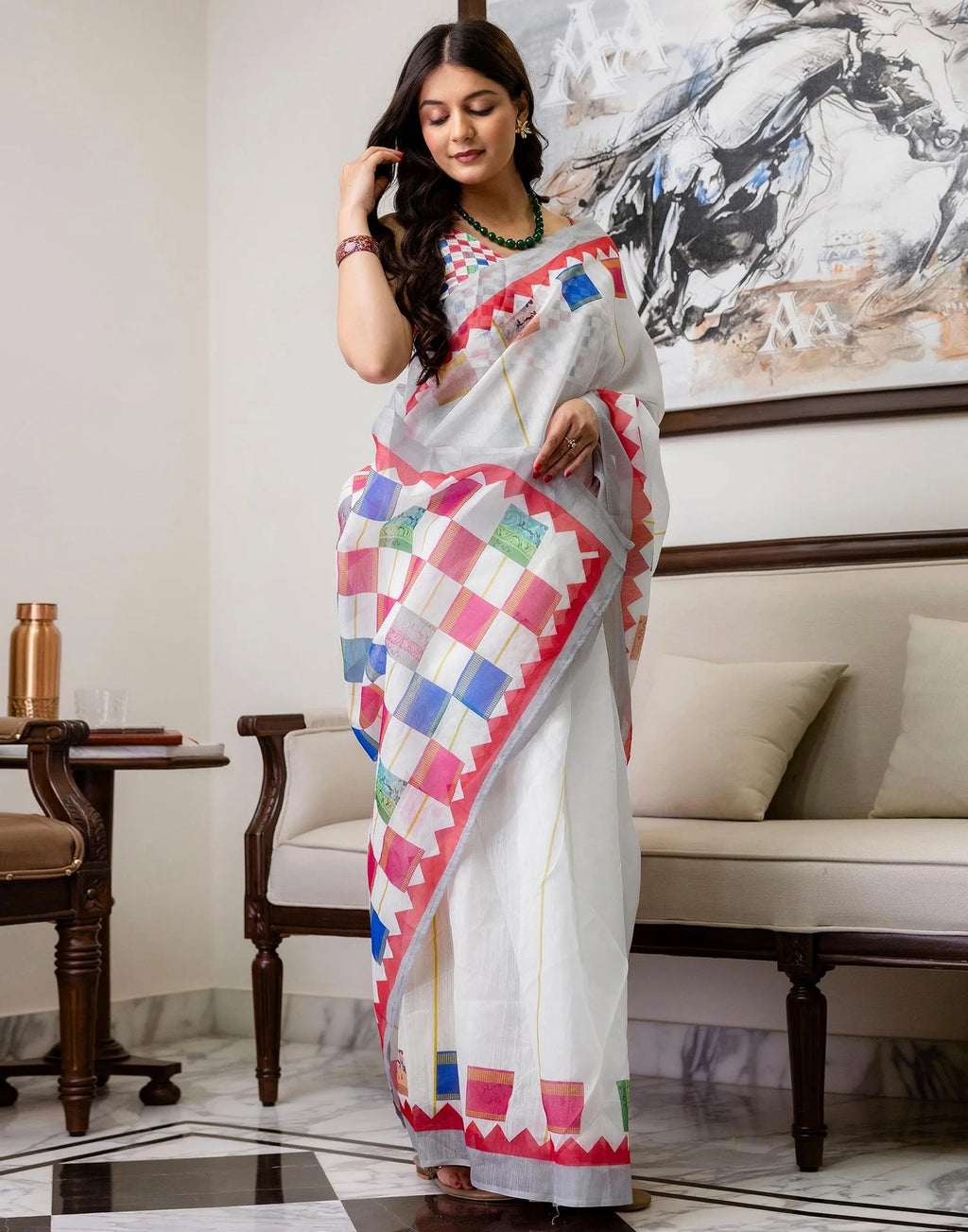 White Multicolour Digital Print Linen Saree with Unstitched Blouse Piece