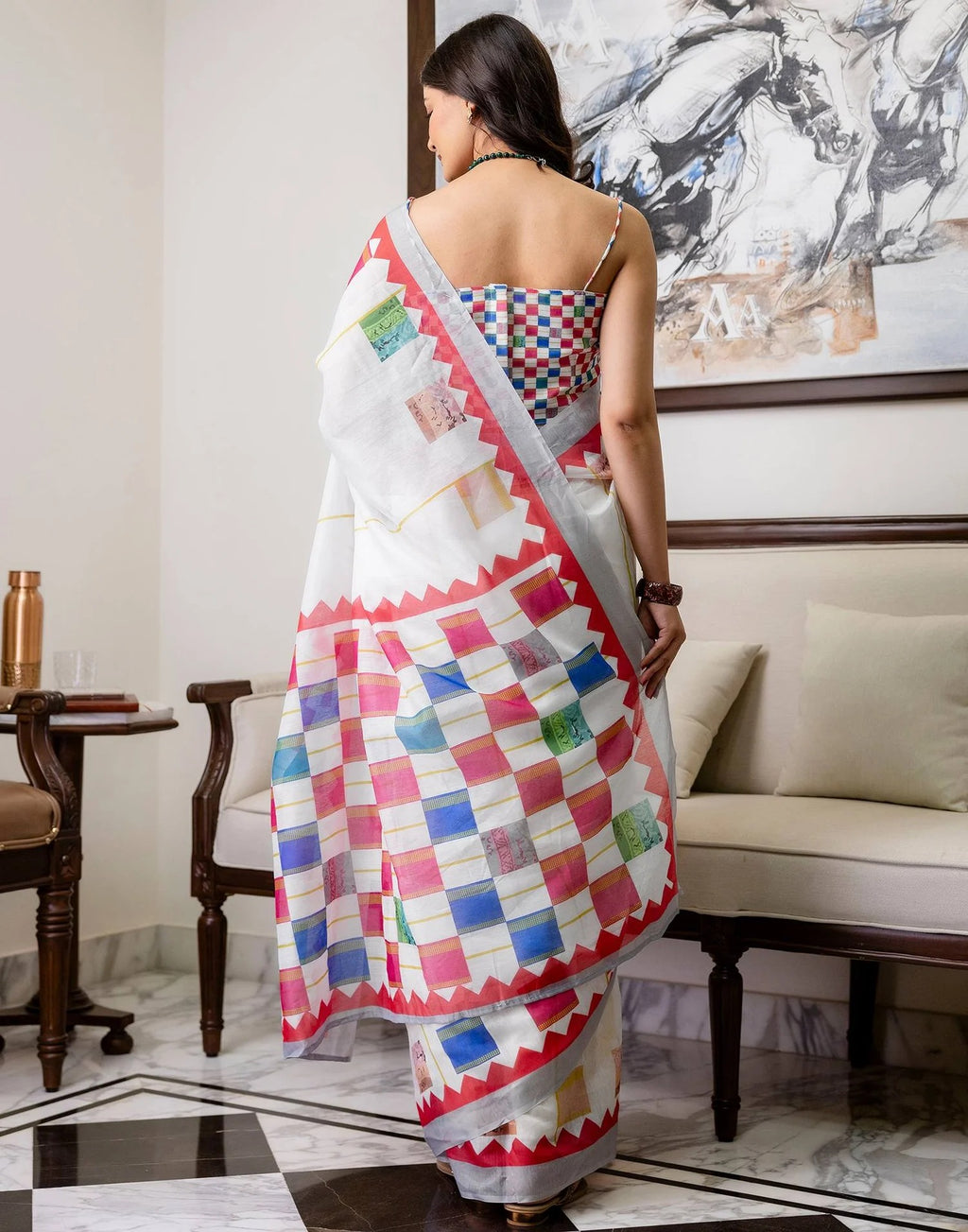 White Multicolour Digital Print Linen Saree with Unstitched Blouse Piece