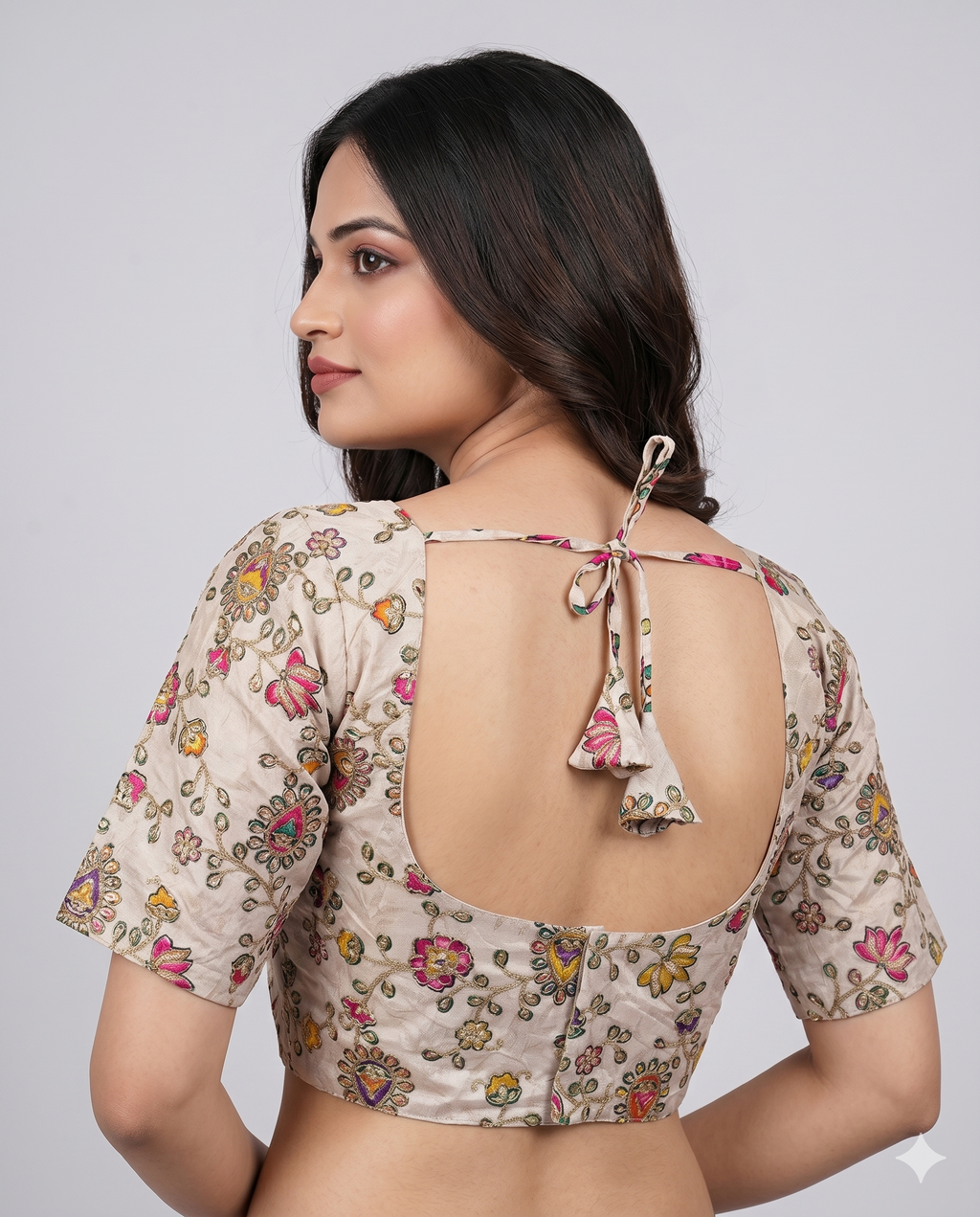 Cream Multicolour Embroidered Saree Blouse with Back