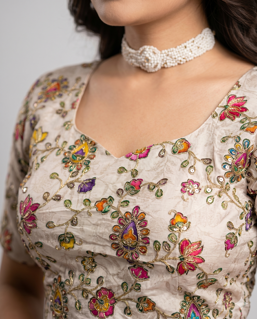 Cream Multicolour Embroidered Saree Blouse with Back