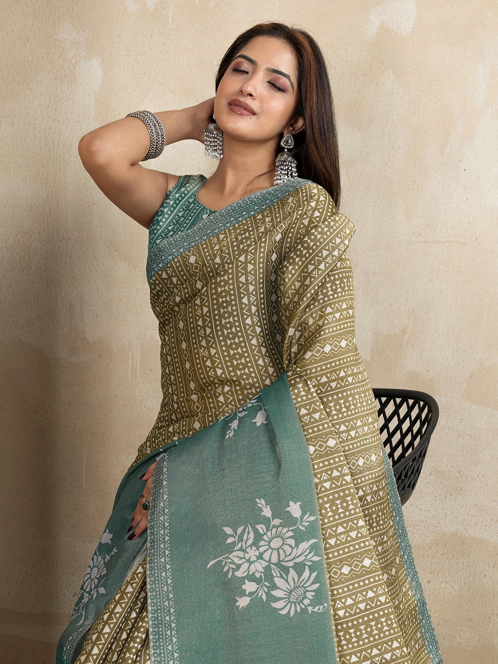 Olive Green & Teal Erode Cotton Blend  Print Saree with Floral Border