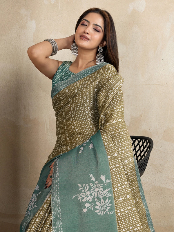 Olive Green & Teal Erode Cotton Blend  Print Saree with Floral Border