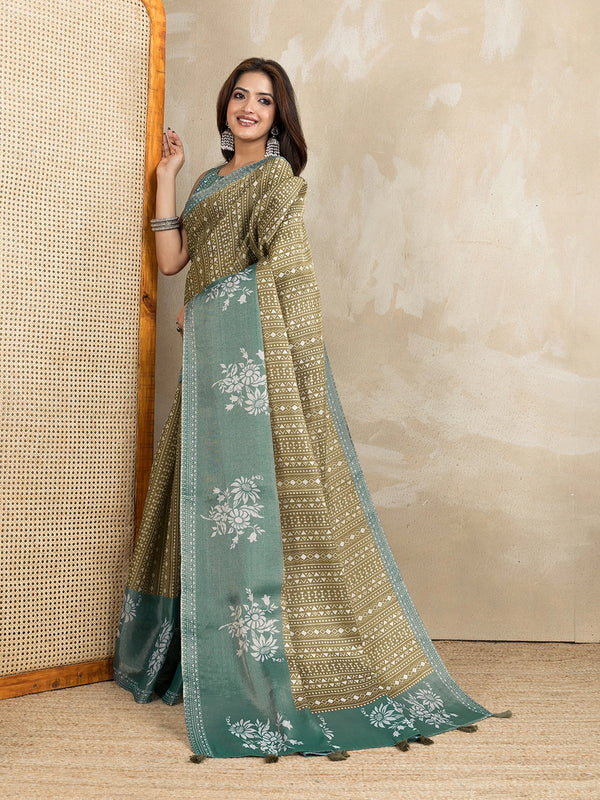 Olive Green & Teal Erode Cotton Blend  Print Saree with Floral Border