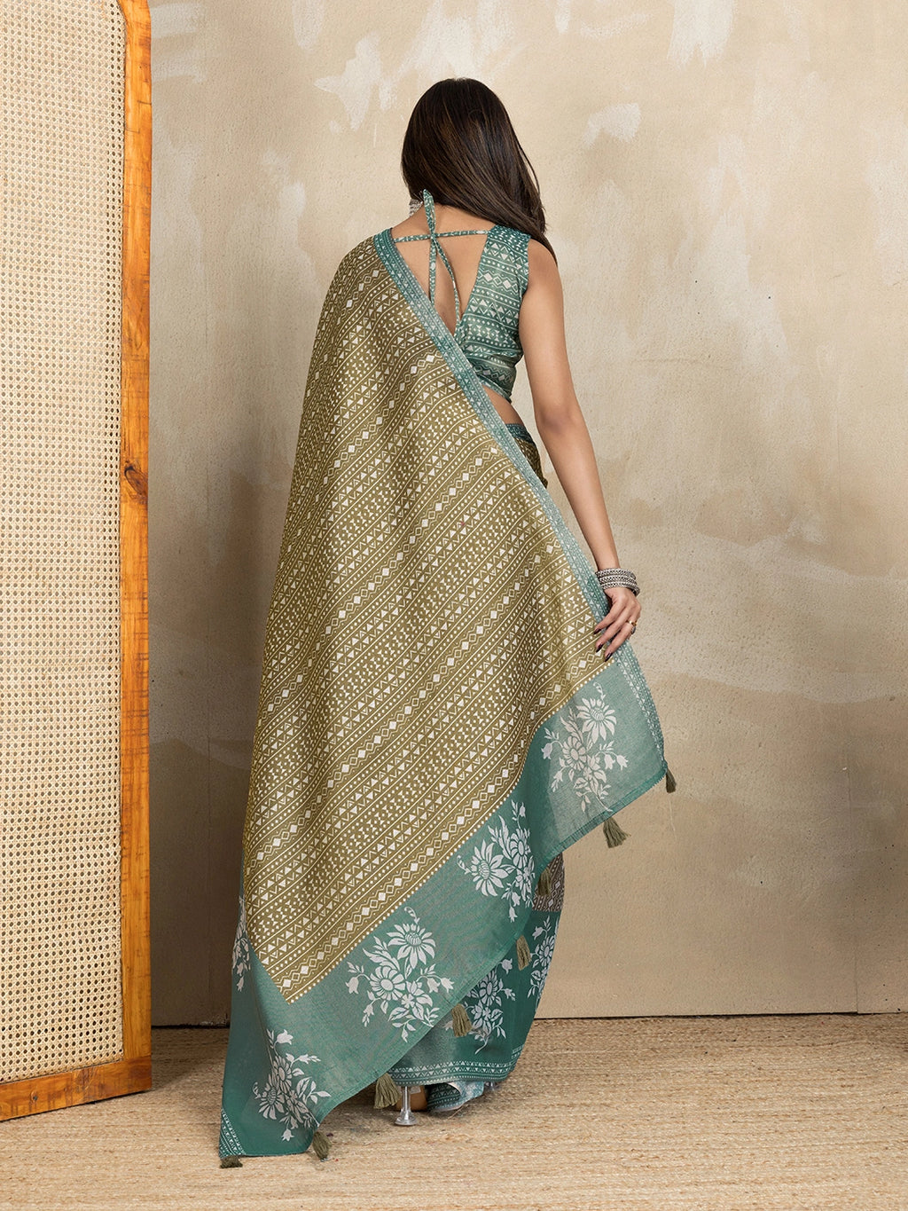 Olive Green & Teal Erode Cotton Blend  Print Saree with Floral Border