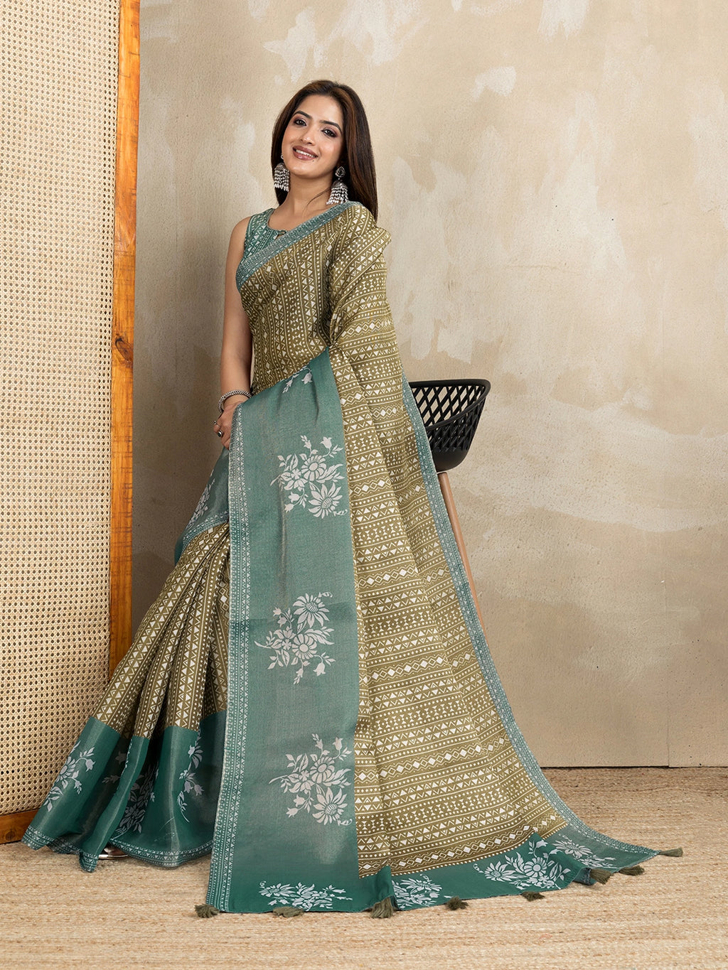 Olive Green & Teal Erode Cotton Blend  Print Saree with Floral Border