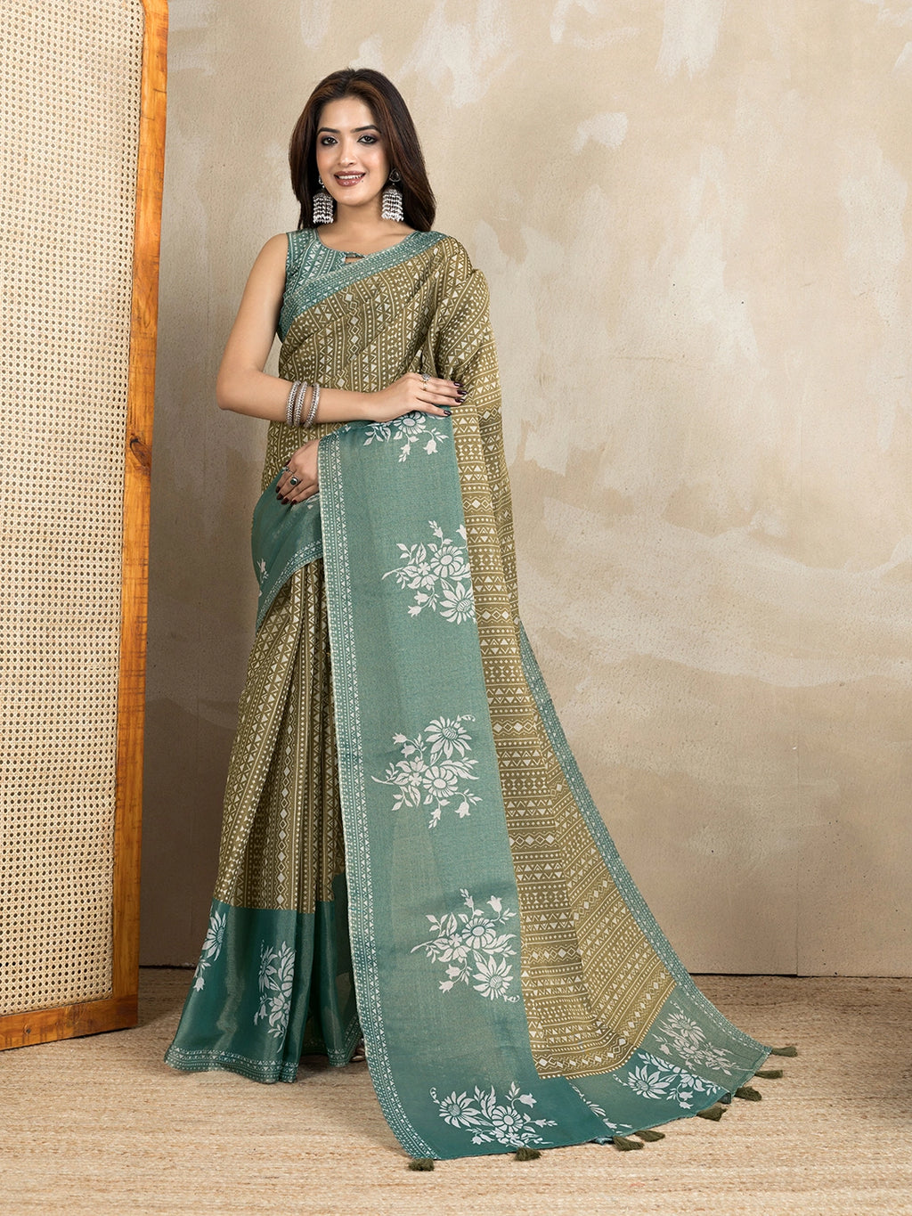 Olive Green & Teal Erode Cotton Blend  Print Saree with Floral Border