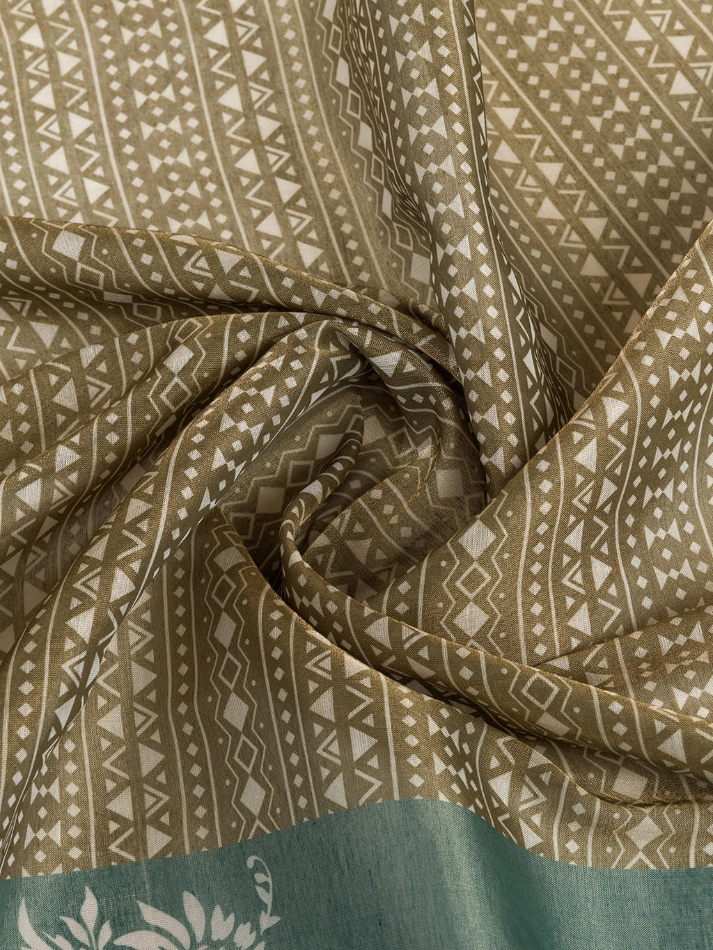 Olive Green & Teal Erode Cotton Blend  Print Saree with Floral Border