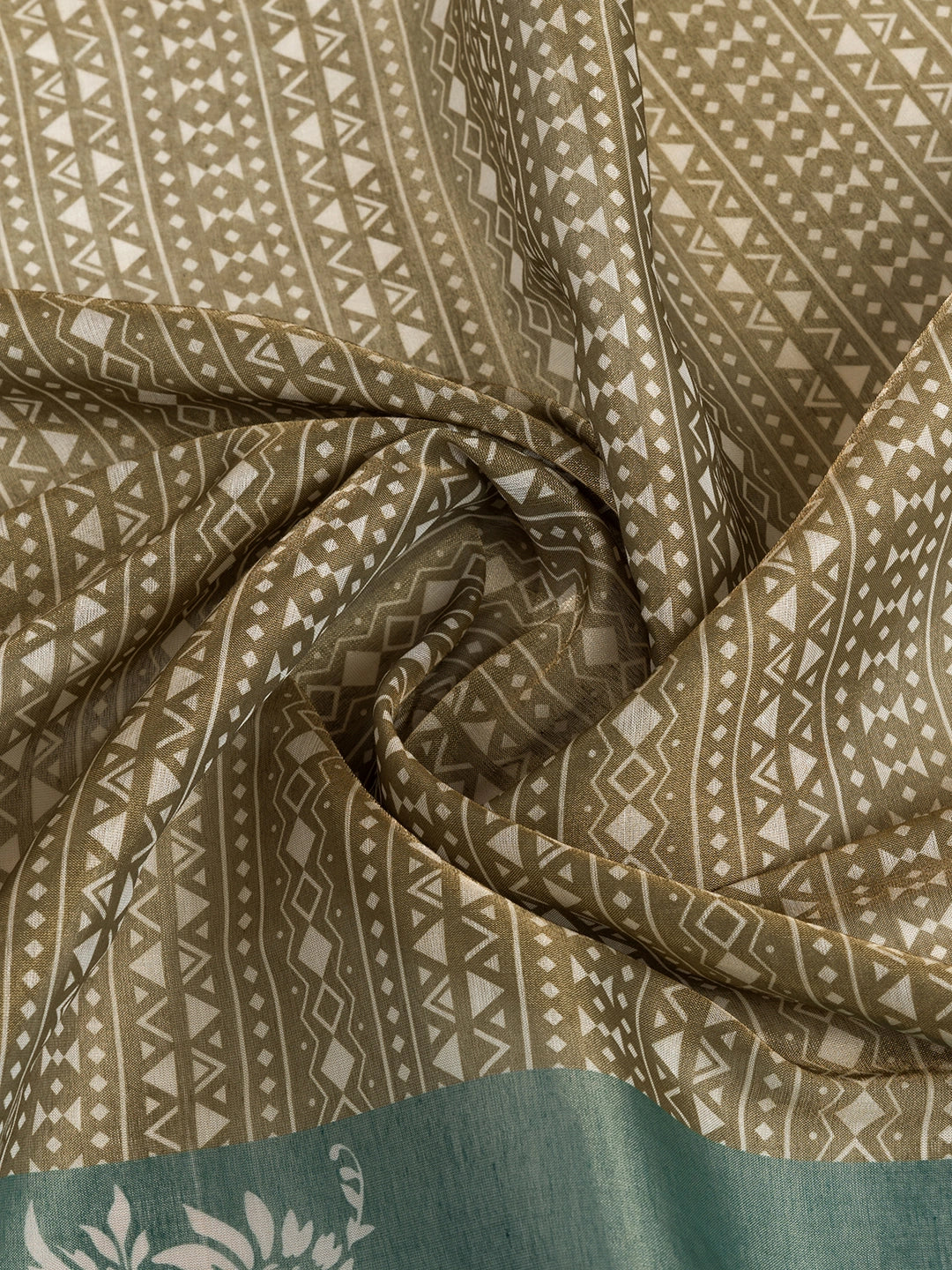 Olive Green & Teal Erode Cotton Blend  Print Saree with Floral Border