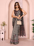 Grey linen cotton checks saree with floral wine border and pink accents - full drape view