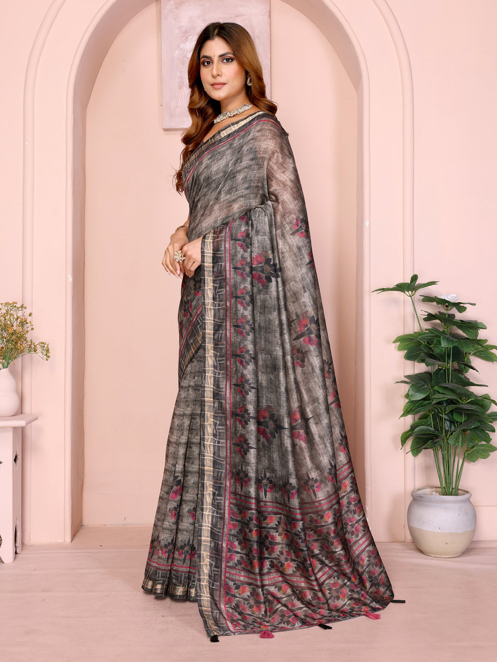 Grey Linen Cotton Checks Saree with Floral Border & Pink Accents