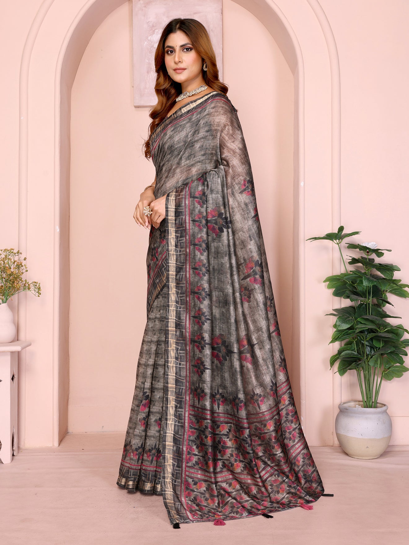 Grey Linen Cotton Checks Saree with Floral Border & Pink Accents