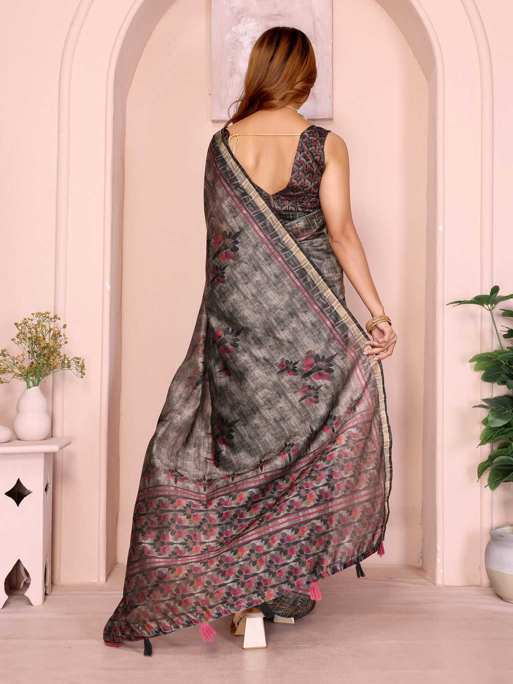 Grey Linen Cotton Checks Saree with Floral Border & Pink Accents