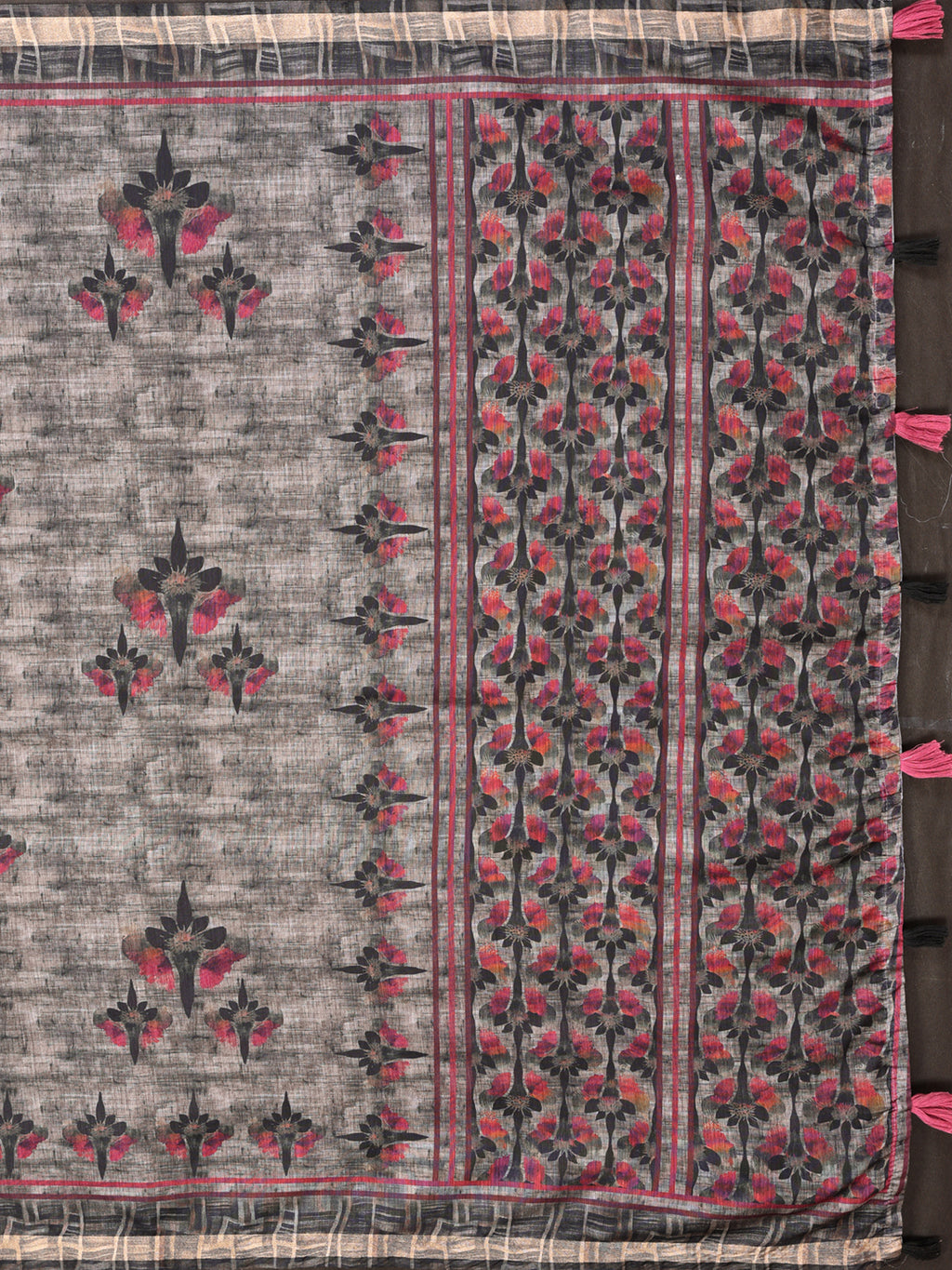 Grey Linen Cotton Checks Saree with Floral Border & Pink Accents