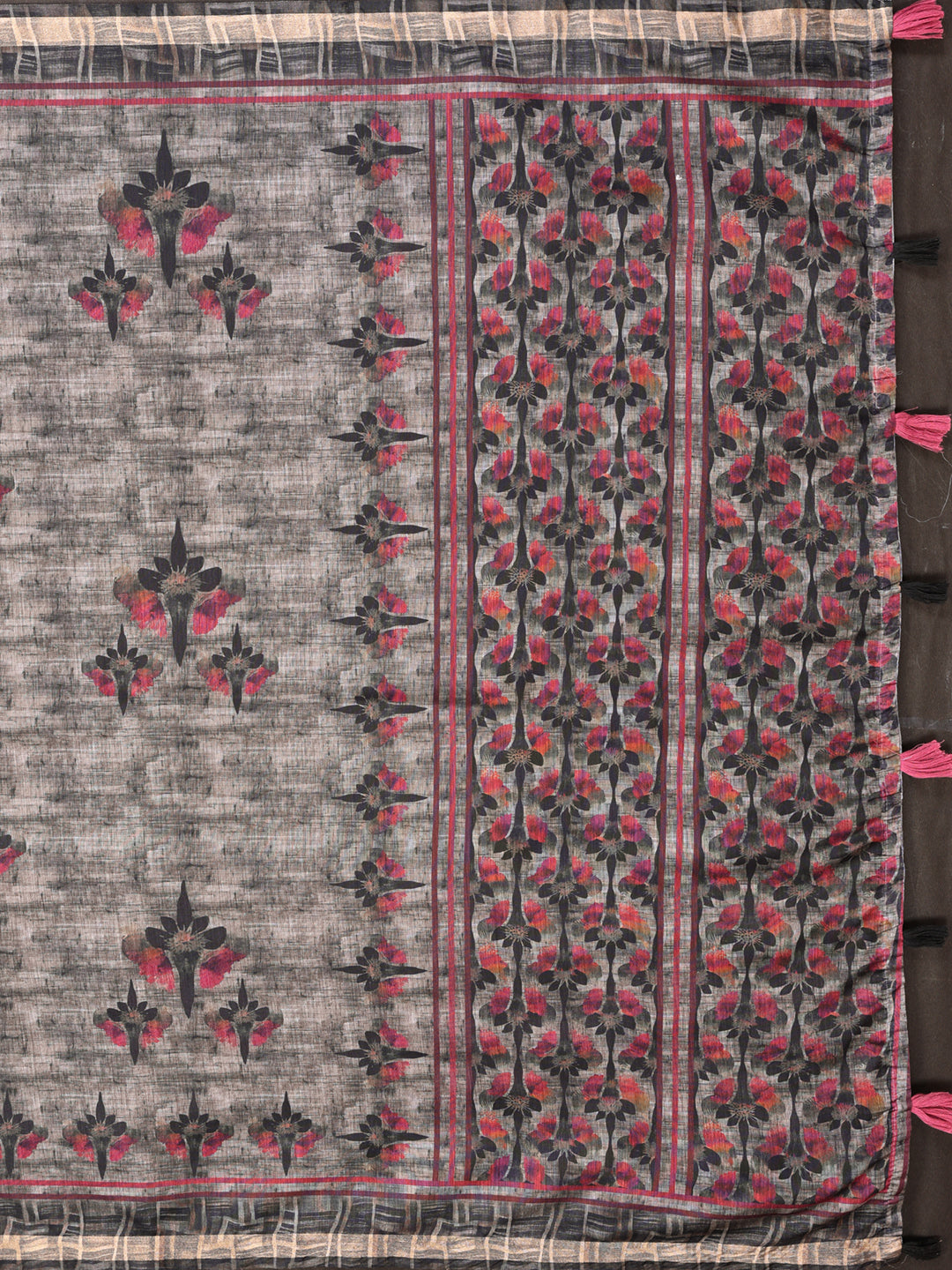 Grey Linen Cotton Checks Saree with Floral Border & Pink Accents
