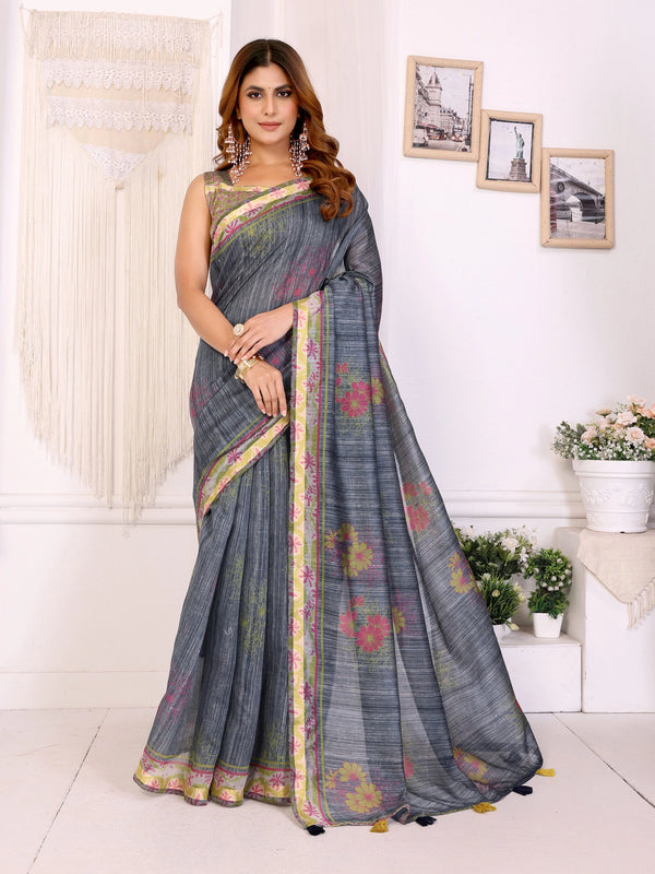 Grey & Black Chanderi Cotton Floral Print Saree with Teal Border