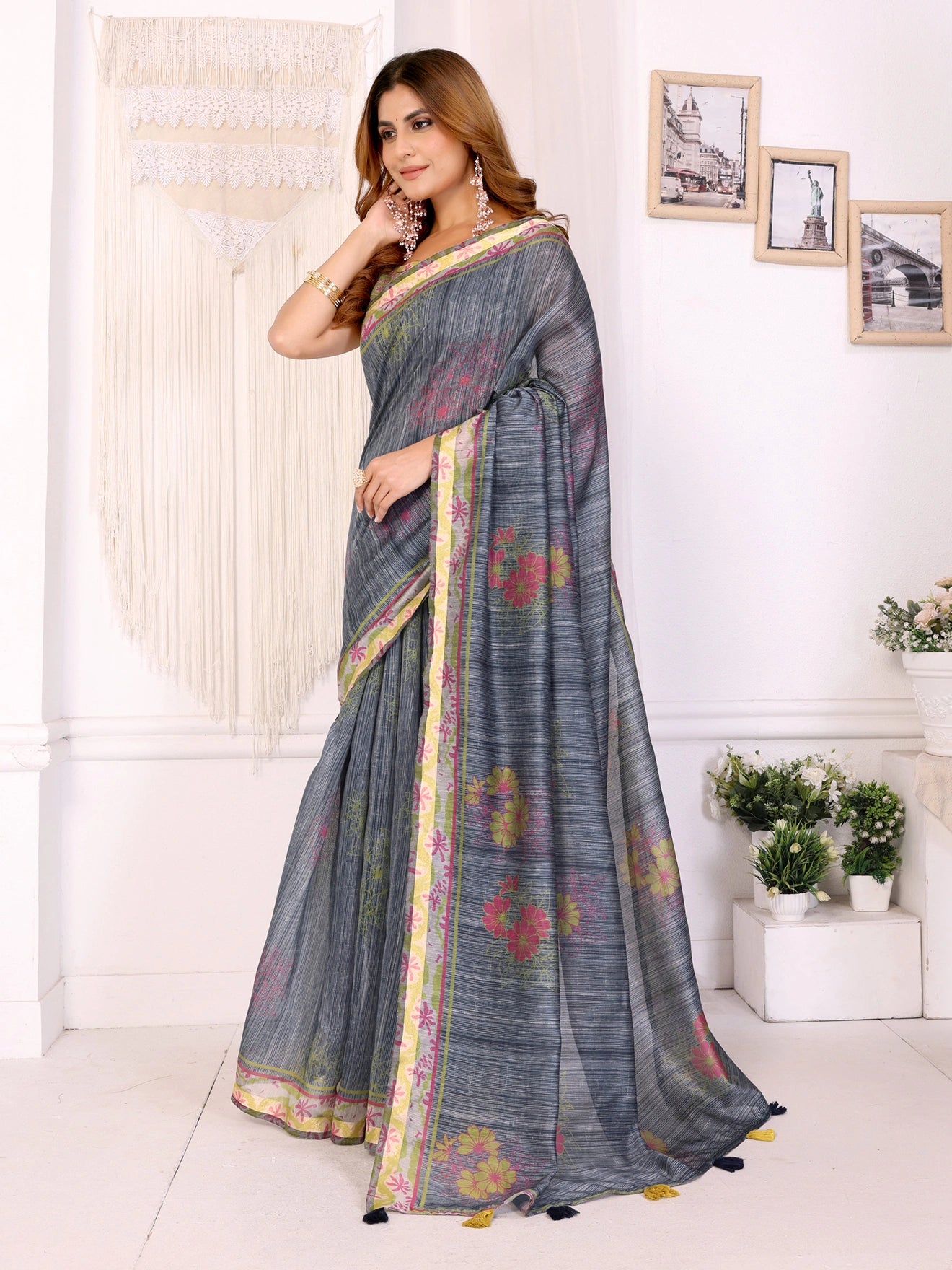 Grey & Black Chanderi Cotton Floral Print Saree with Teal Border