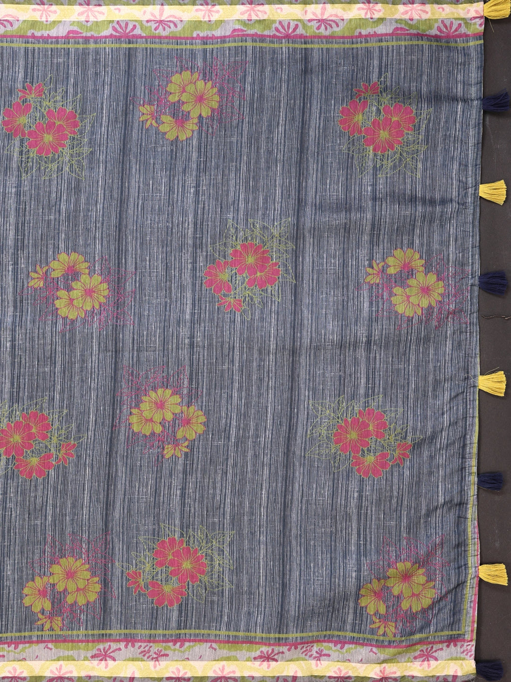 Grey & Black Chanderi Cotton Floral Print Saree with Teal Border