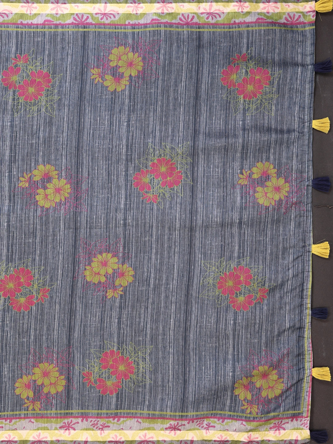 Grey & Black Chanderi Cotton Floral Print Saree with Teal Border