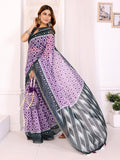 Purple Chanderi Cotton diamond weave saree with dark grey border - full drape view